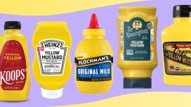 An array of classic yellow mustard brands set against a colorful background