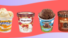 Four ice cream pints on colorful graphic background