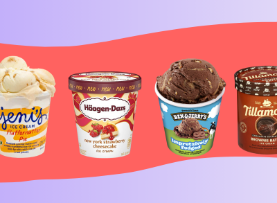 Four ice cream pints on colorful graphic background