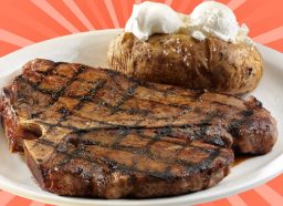 A porterhouse t-bone steak and baked potato from Texas Roadhouse set against a colorful background