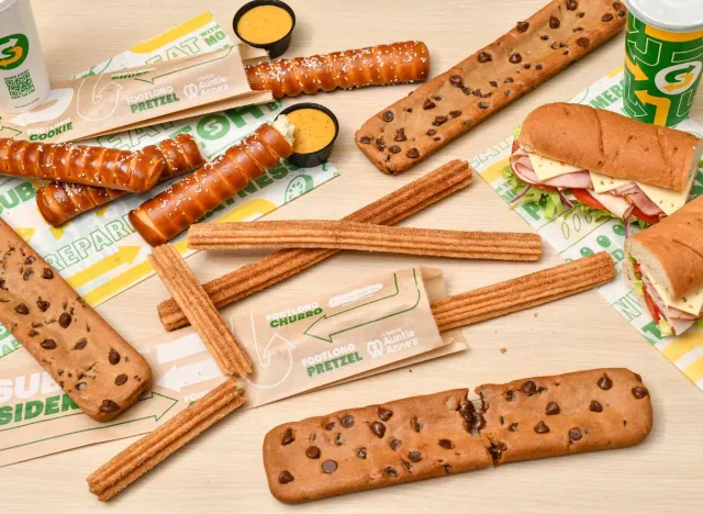 Subway Footlong Cookies, Footlong Pretzels, and Footlong Churros on top of a table