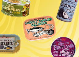 canned products from Trader Joe's on a yellow designed background