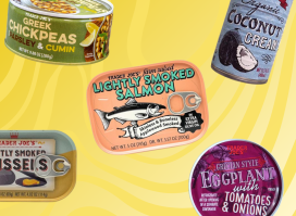 canned products from Trader Joe's on a yellow designed background