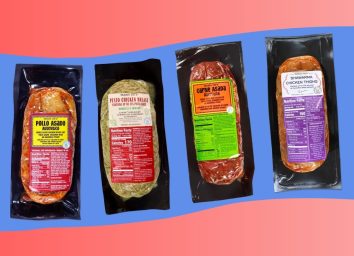 A quartet of marinated meats from Trader Joe's set against a colorful background
