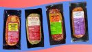 A quartet of marinated meats from Trader Joe's set against a colorful background