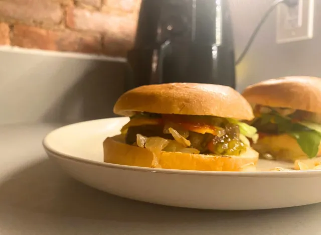 two air fryer burgers on a plate