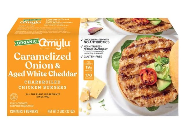 amylu caramelized onion & aged white cheddar charbroiled chicken burgers