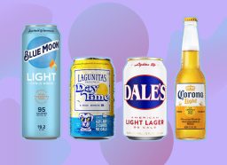 best light beers collage on purple background