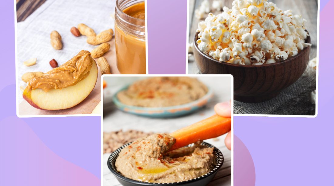 collage of apples and peanut butter carrot and hummus and popcorn on designed purple background