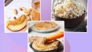 collage of apples and peanut butter carrot and hummus and popcorn on designed purple background