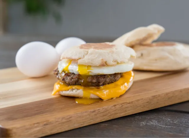 sausage and cheddar sandwich on an English Muffin