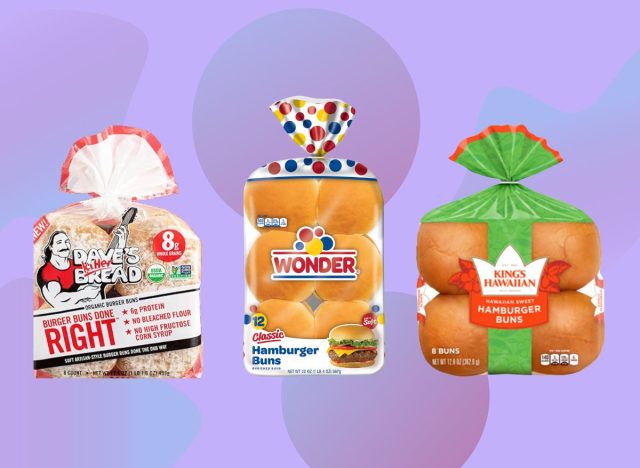 a collage of burger buns from Dave's Killer Bread, King's Hawaiian, and Wonder Bread on a designed purple background