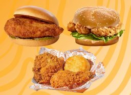 chick-fil-a and raising cane's chicken sandwiches and popeyes' fried chicken and biscuit on a designed background
