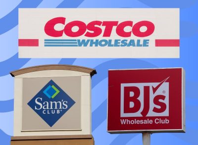 costco, sam's club, and bj's signs on designed backgrounds