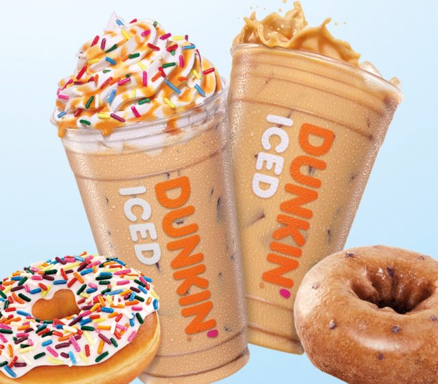dunkin' vanilla frosted donut iced signature latte, blueberry donut iced coffee, and donuts
