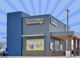 dutch bros coffee store on a designed blue background