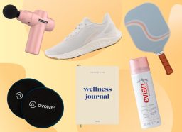 collage of fitness gifts and products including sneakers, a pickleball paddle, massager, journal, facial mist, and sliding dics