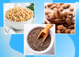 collage of chickpeas chia seeds and almonds signifying high protein high fiber foods