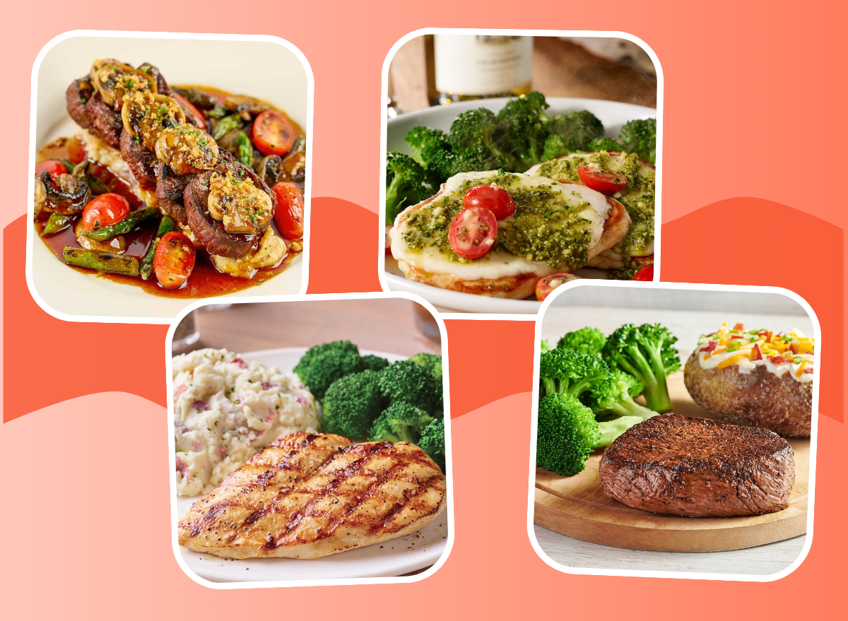 high protein restaurant chain meals collage on designed red background