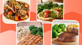 high protein restaurant chain meals collage on designed red background
