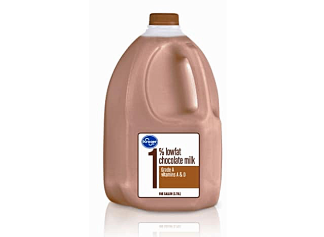 a gallon jug of chocolate milk on a white background