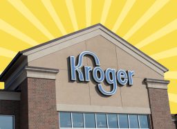 a photo of a Kroger supermarket storefront on a designed yellow background