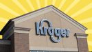 a photo of a Kroger supermarket storefront on a designed yellow background
