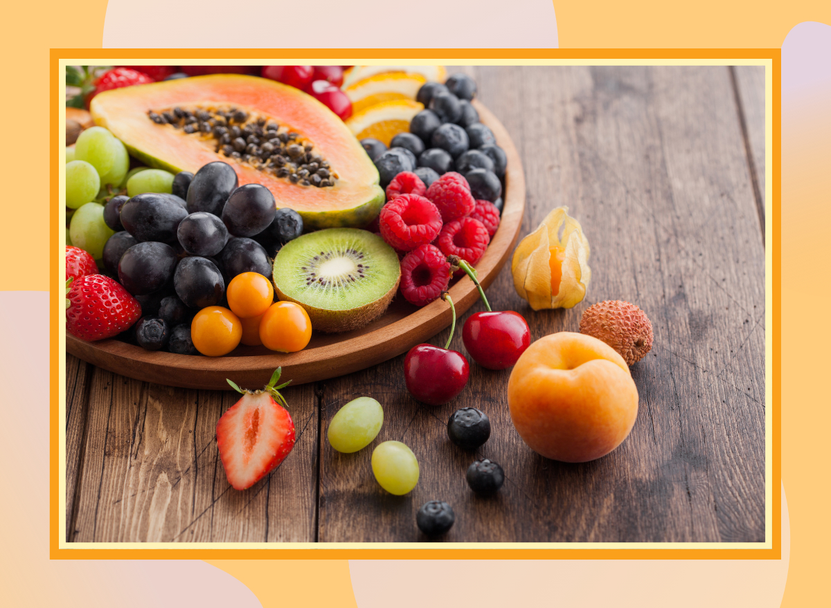 berries kiwi apricot and guava image on designed background