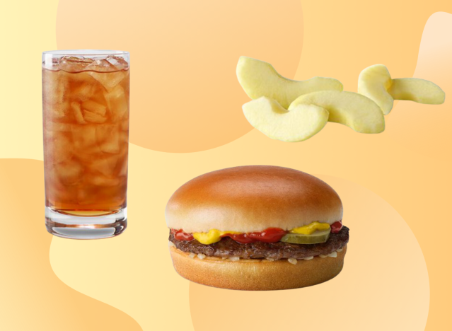 McDonald's lunch order for weight loss concept, hamburger, iced tea, and apple slices