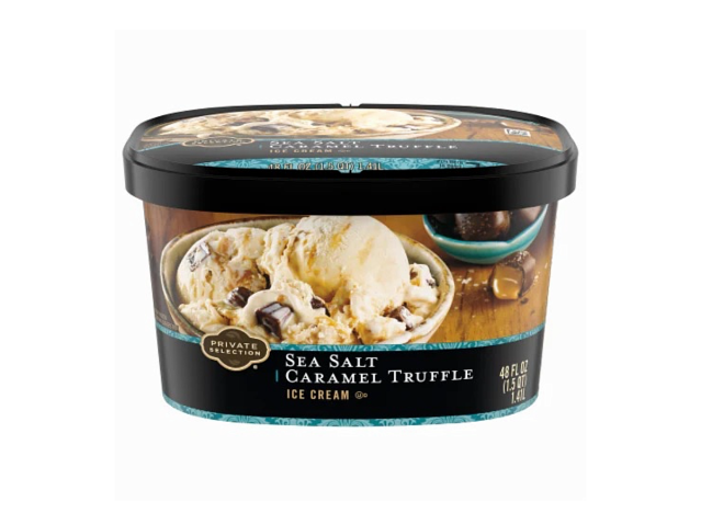 a container of kroger private selection sea salt caramel truffle ice cream