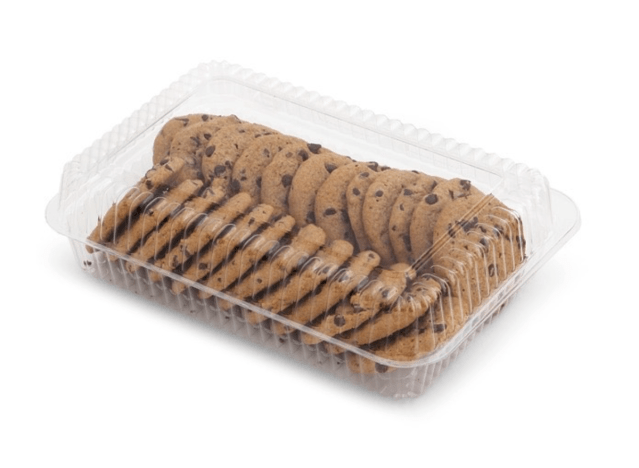 a plastic container of chocolate chip cookies