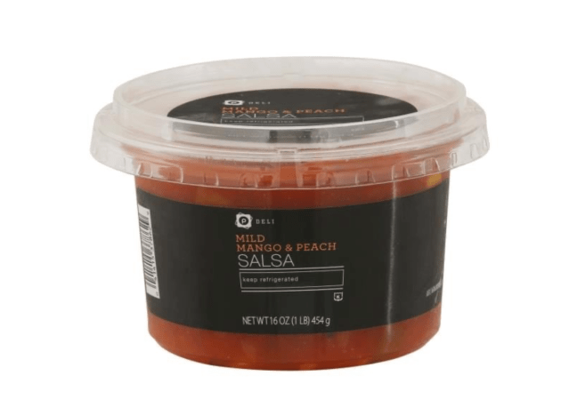 a container of mango peach salsa