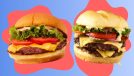 shake shack and smashburger burgers on a designed background
