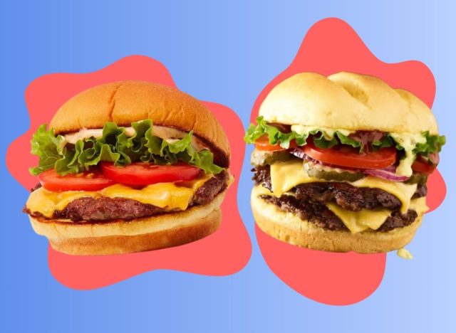 shake shack and smashburger burgers on a designed background