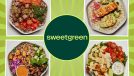multiple plates of Sweetgreen meals on a green background