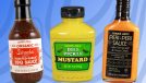 trader joe's organic sriracha and roasted bbq sauce, dill pickle mustard, and peri-peri sauce on designed blue background