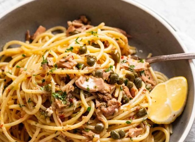 bowl of canned tuna pasta