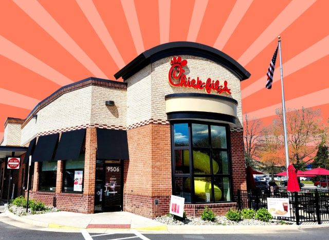 Chick-fil-A storefront on striped red background
