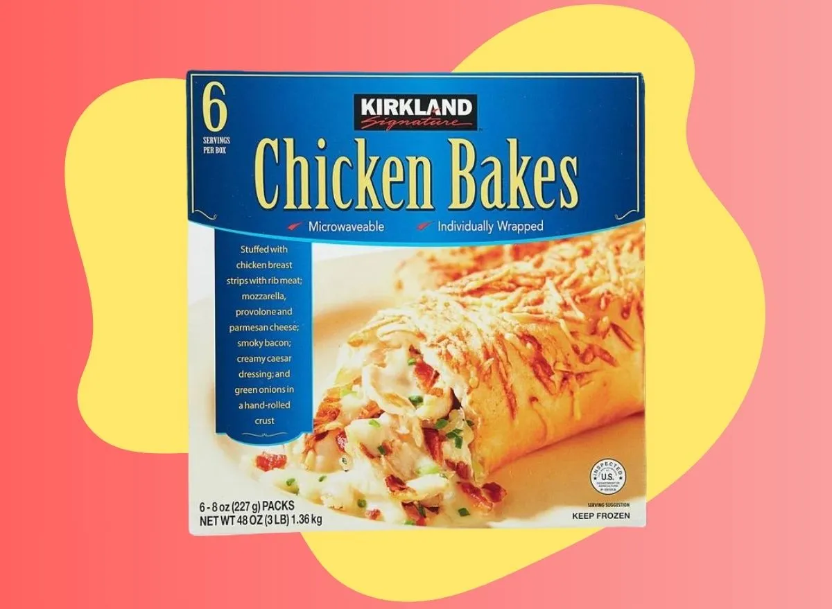 Costco Chicken Bake box on red and yellow background