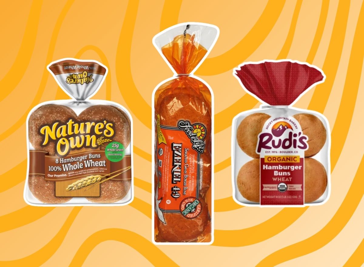 three packages of hamburger buns on a yellow and orange background