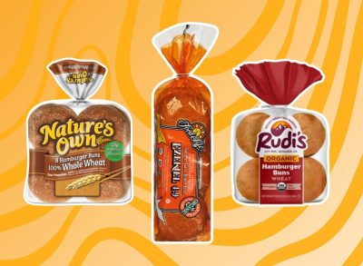 three packages of hamburger buns on a yellow and orange background