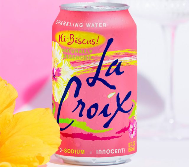 A can of hibiscus-flavored LaCroix sparkling water