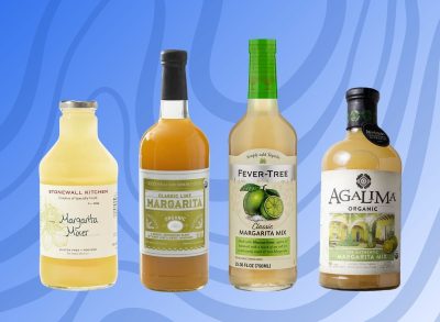 A group of margarita mixes set against a vibrant blue background.