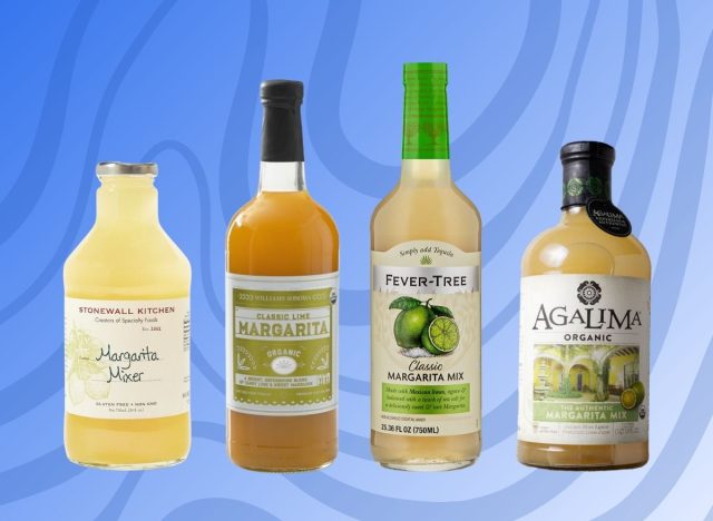 A group of margarita mixes set against a vibrant blue background.