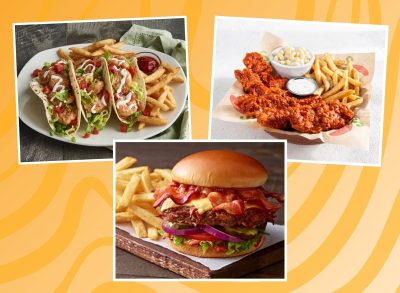 three restaurant meals on a yellow background