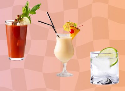 cocktails like bloody mary and pina colada on pinkish orange design backdrop