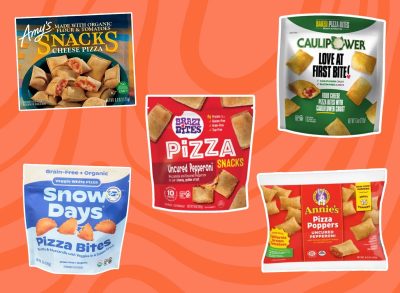 five brands of frozen pizza rolls on a red background