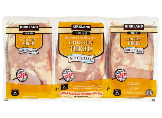 package of kirkland signature boneless & skinless chicken thighs