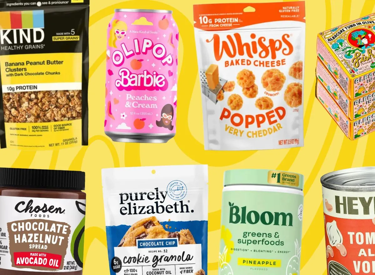 multiple brands of grocery products on a yellow background