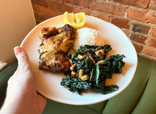 chicken, salad, and rice on a plate